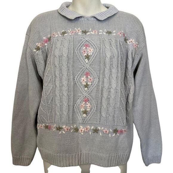 Shenanigans Womens Pastel Blue Vintage Embroidered Cable Knit Chunky Sweater M - Picture 1 of 16